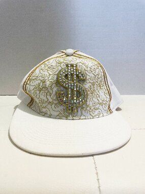 Hustle Money KenG Bling Dollar Sign Rhinestone Hat White Gold Hip Hop Streetwear
